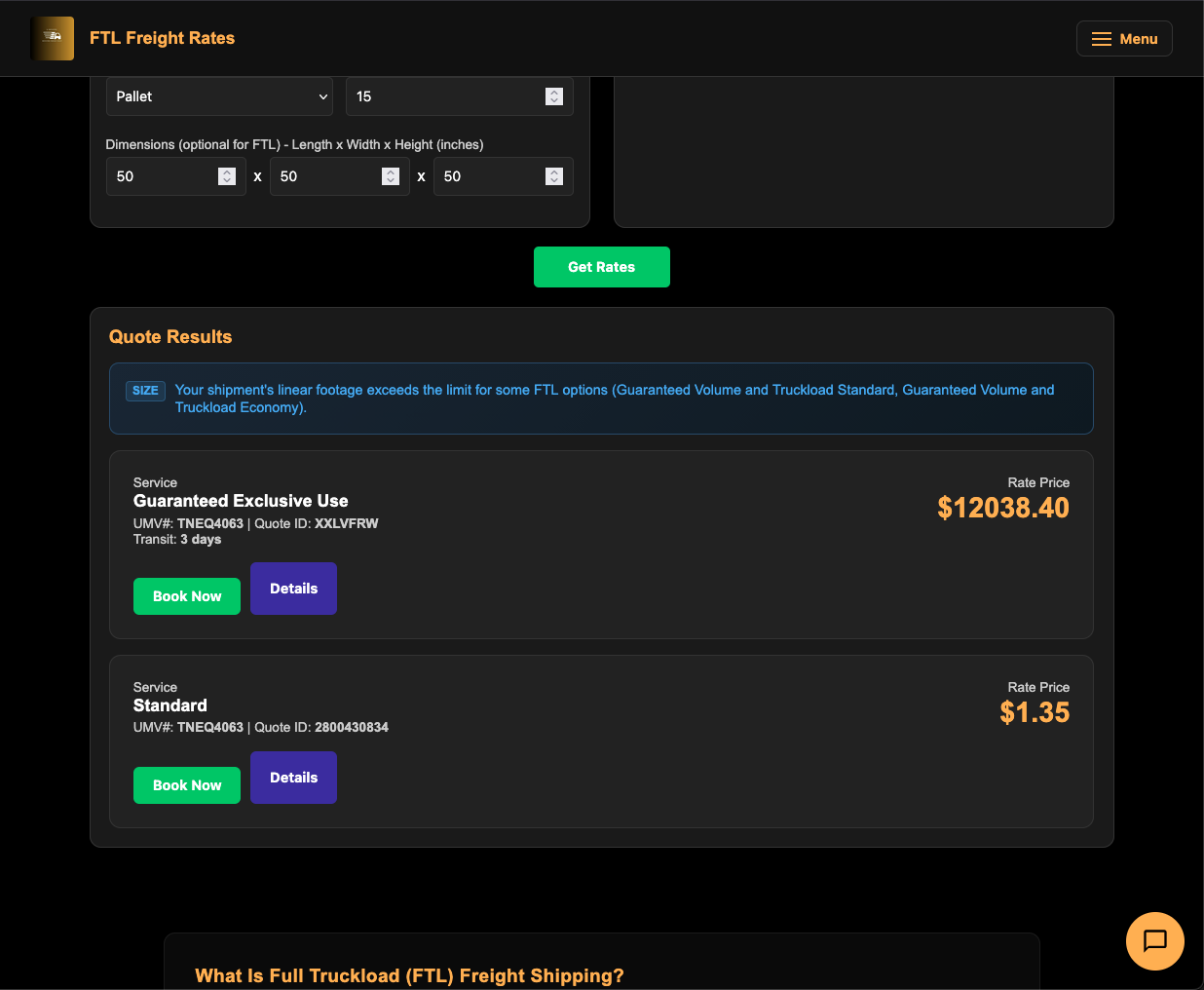 FTL Quote Results