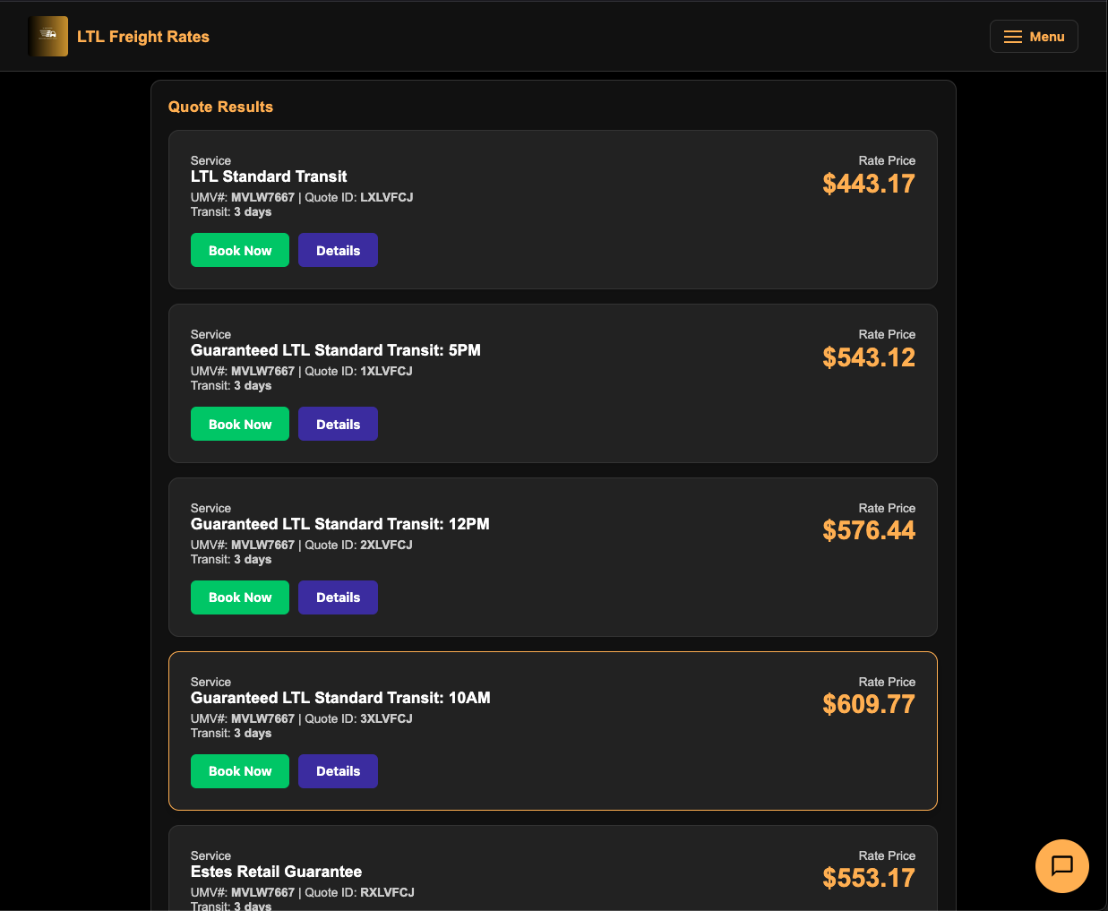 LTL Quote Results