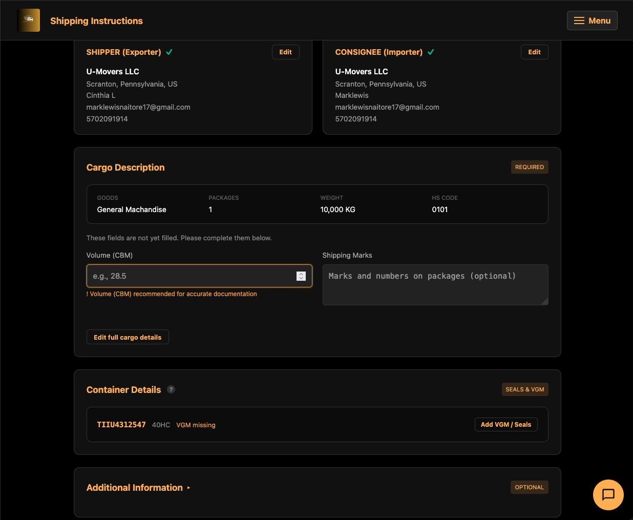 Ocean Booking Form