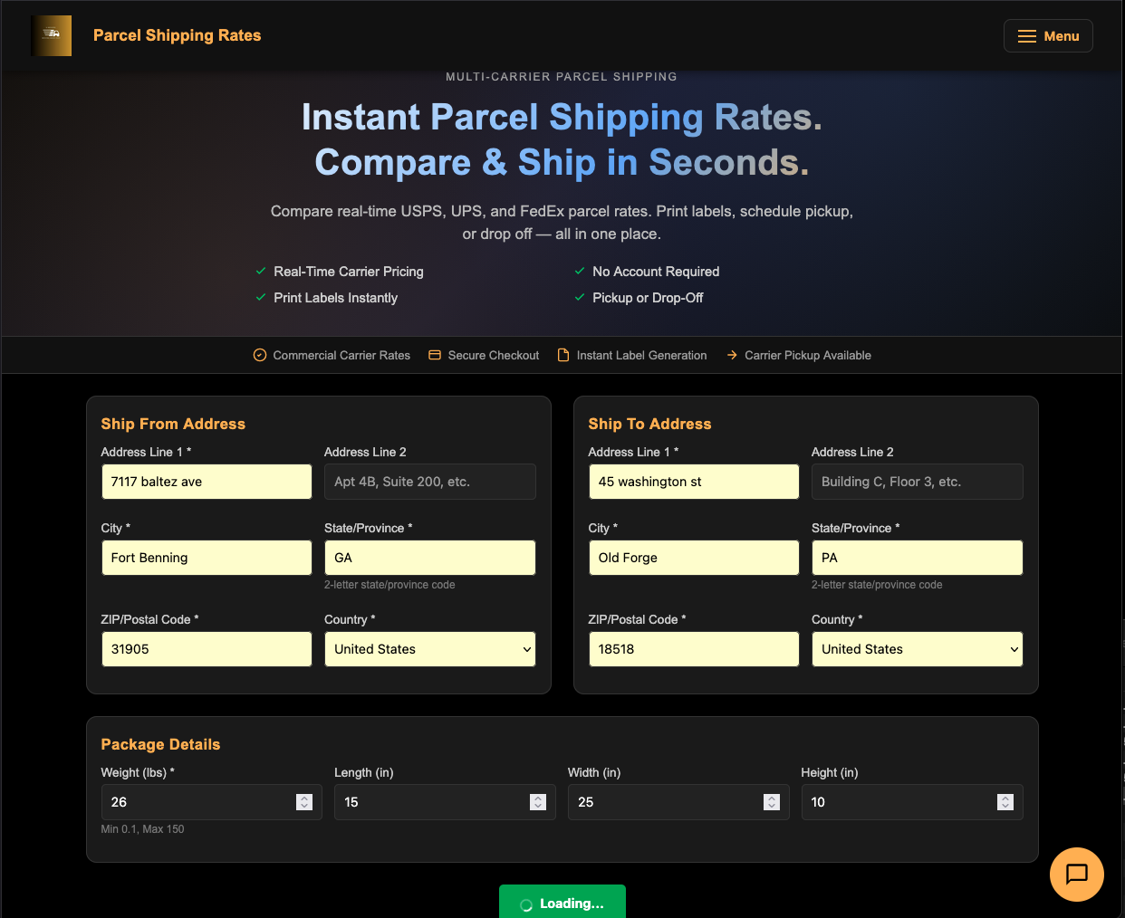 Parcel Quote Form