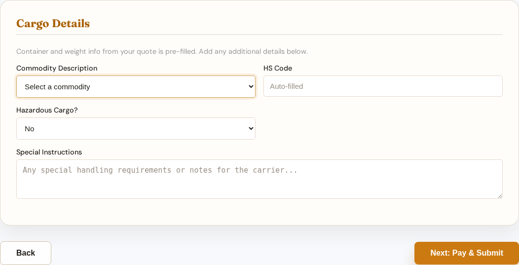 Ocean booking cargo panel with commodity and HS code controls.