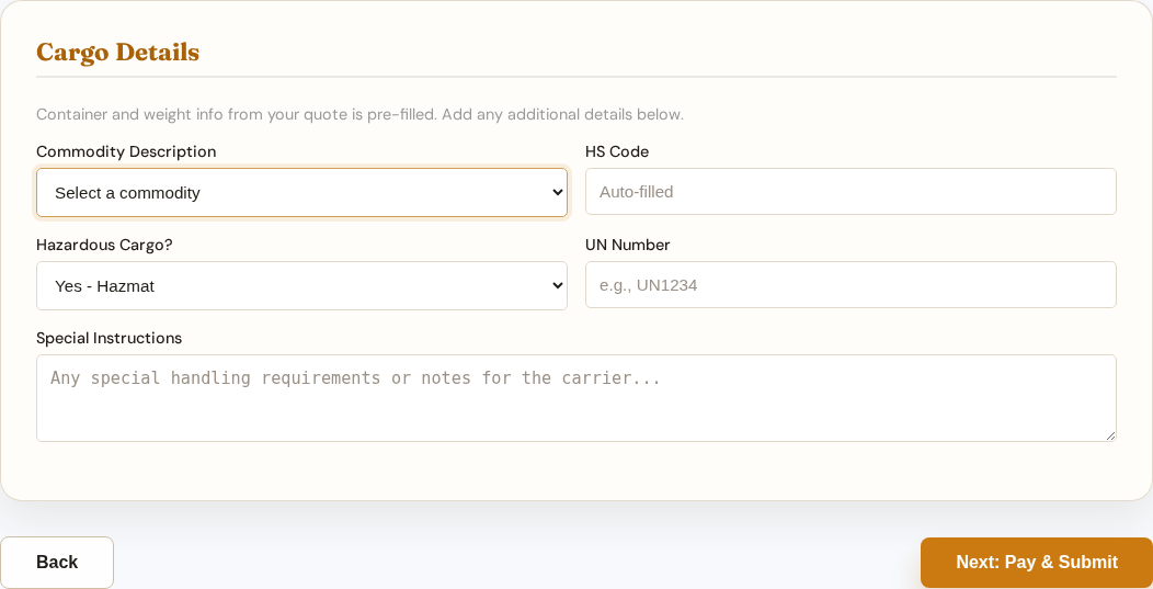 Ocean booking hazmat-enabled state with UN number field revealed.