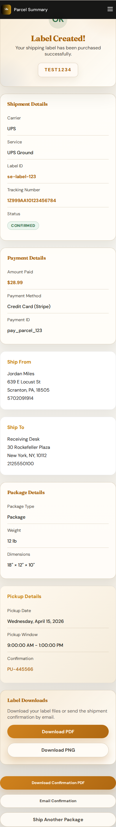 Mobile parcel summary using the same seeded shipment payload.