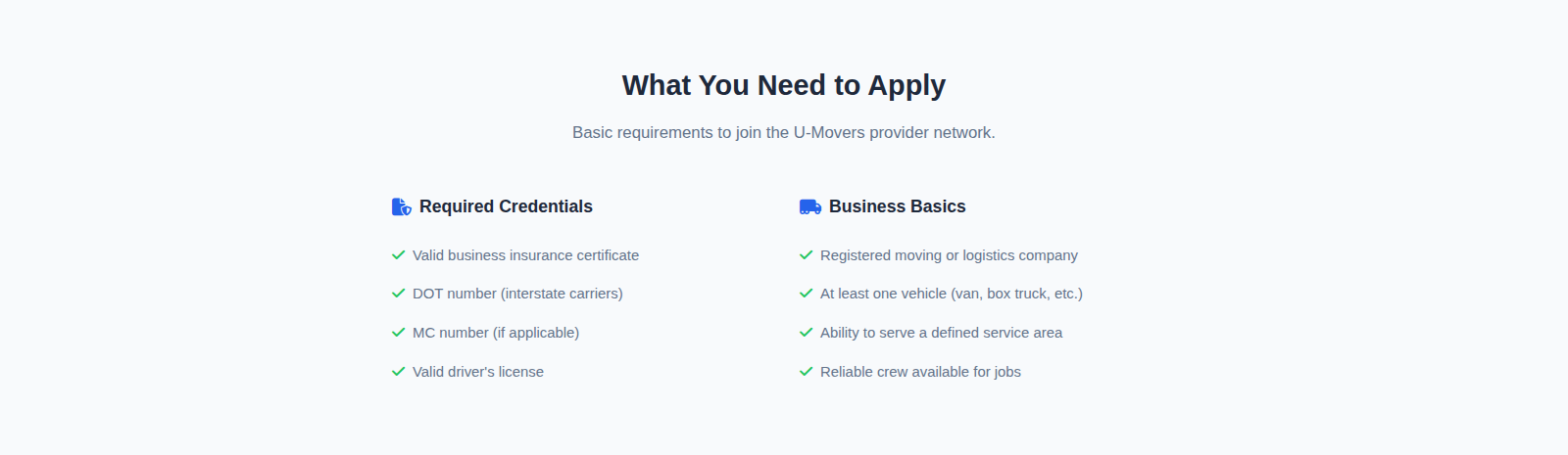 Requirements checklist section for provider onboarding.
