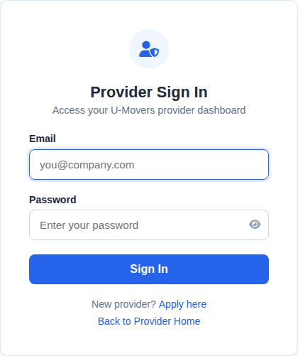 Provider sign-in form and entry point to the authenticated portal.