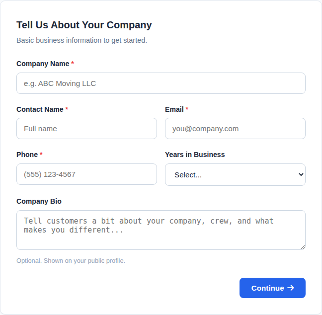 Provider application company information step.