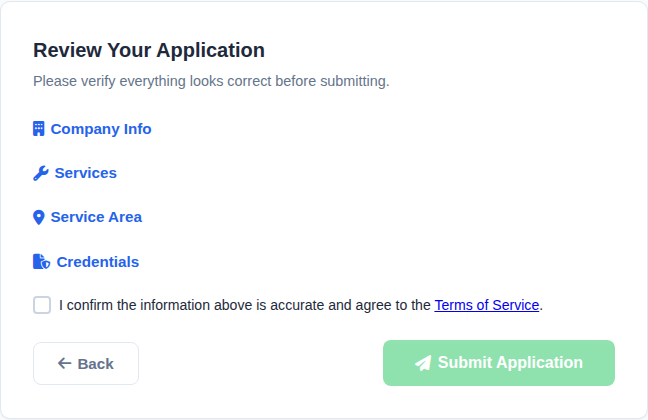 Final application review step before submission.
