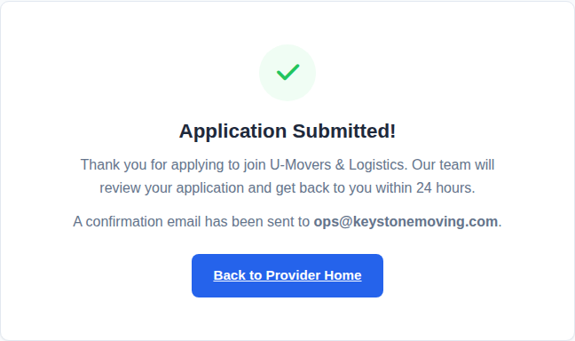 Registration success state shown after provider application submission.