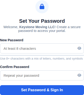 Password setup screen shown after provider approval.